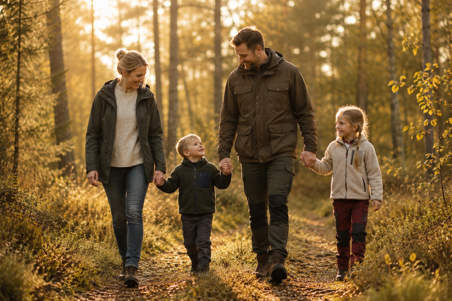 Mamma, pappa och två barn håller varandra i händerna och promenerar tillsammans på en skogsstig i varmt kvällsljus